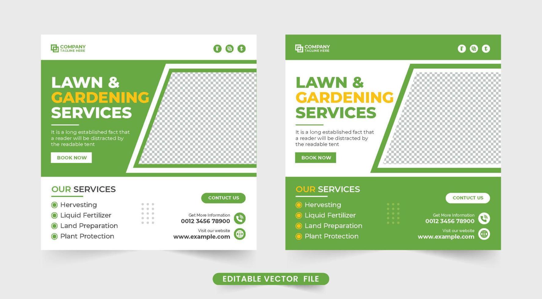 Garden care service and lawn mower business promotion template. Lawn mower and landscaping service social media post vector with green and yellow colors. Agro farming business web banner template.