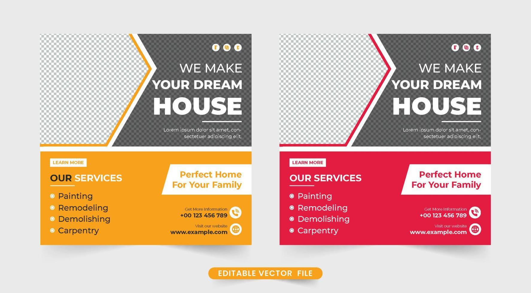 Construction and renovation business social media post vector. Construction and home-making business template for social media promotion. Home repair service and building construction web banner. vector