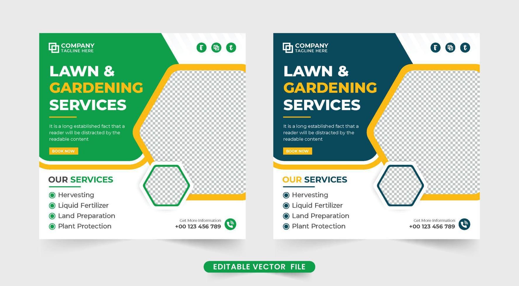 plantilla de marketing en redes sociales de negocios agrícolas creativos con colores verde y azul. vector de banner web de servicio de césped y jardinería. plantilla de servicio de cuidado de jardines y paisajismo para redes sociales.