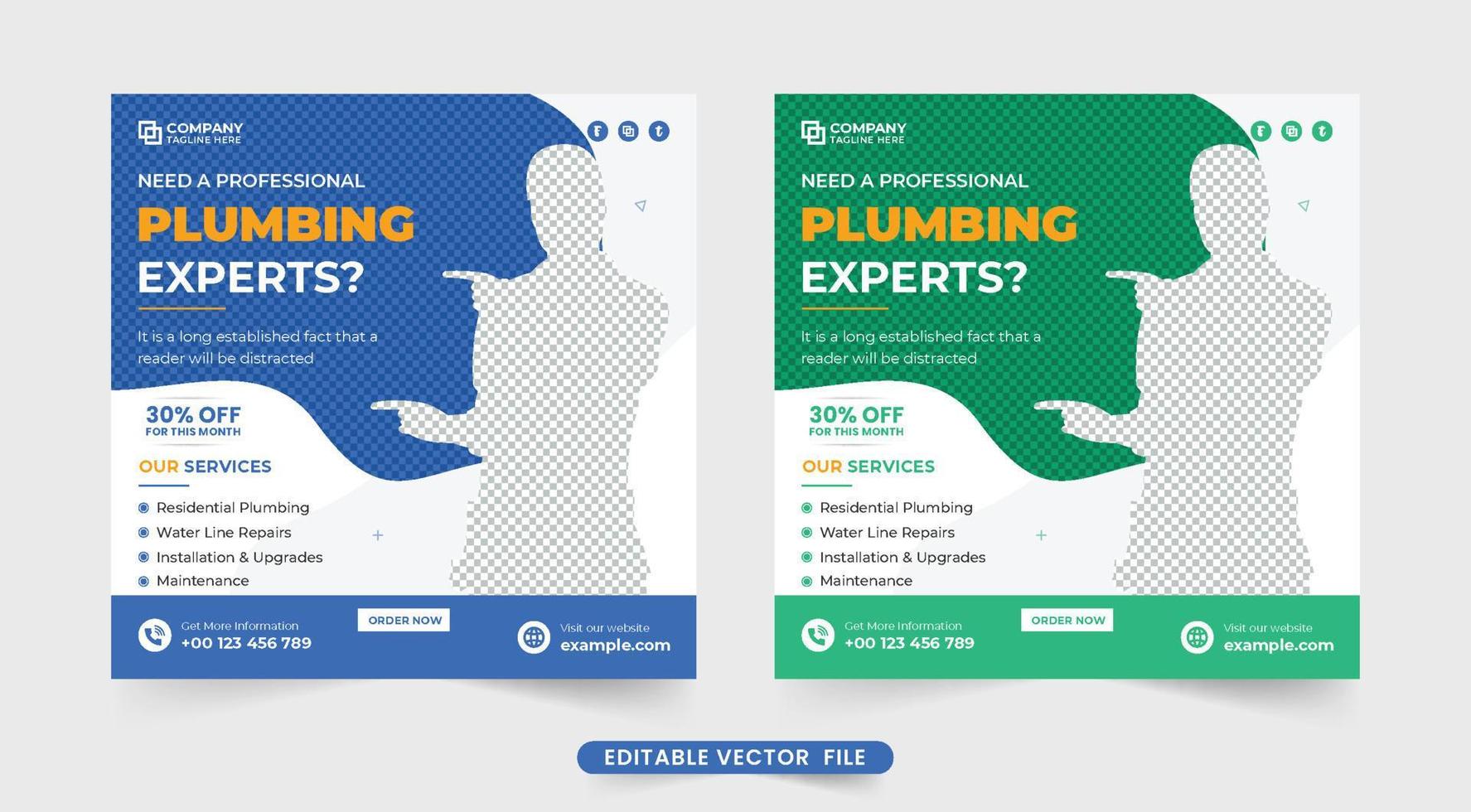 diseño creativo de plantillas promocionales de negocios de plomería con formas abstractas. vector de plantilla de marketing de medios sociales de servicio de manitas. vector de banner web de anuncio de servicio de fontanero profesional.