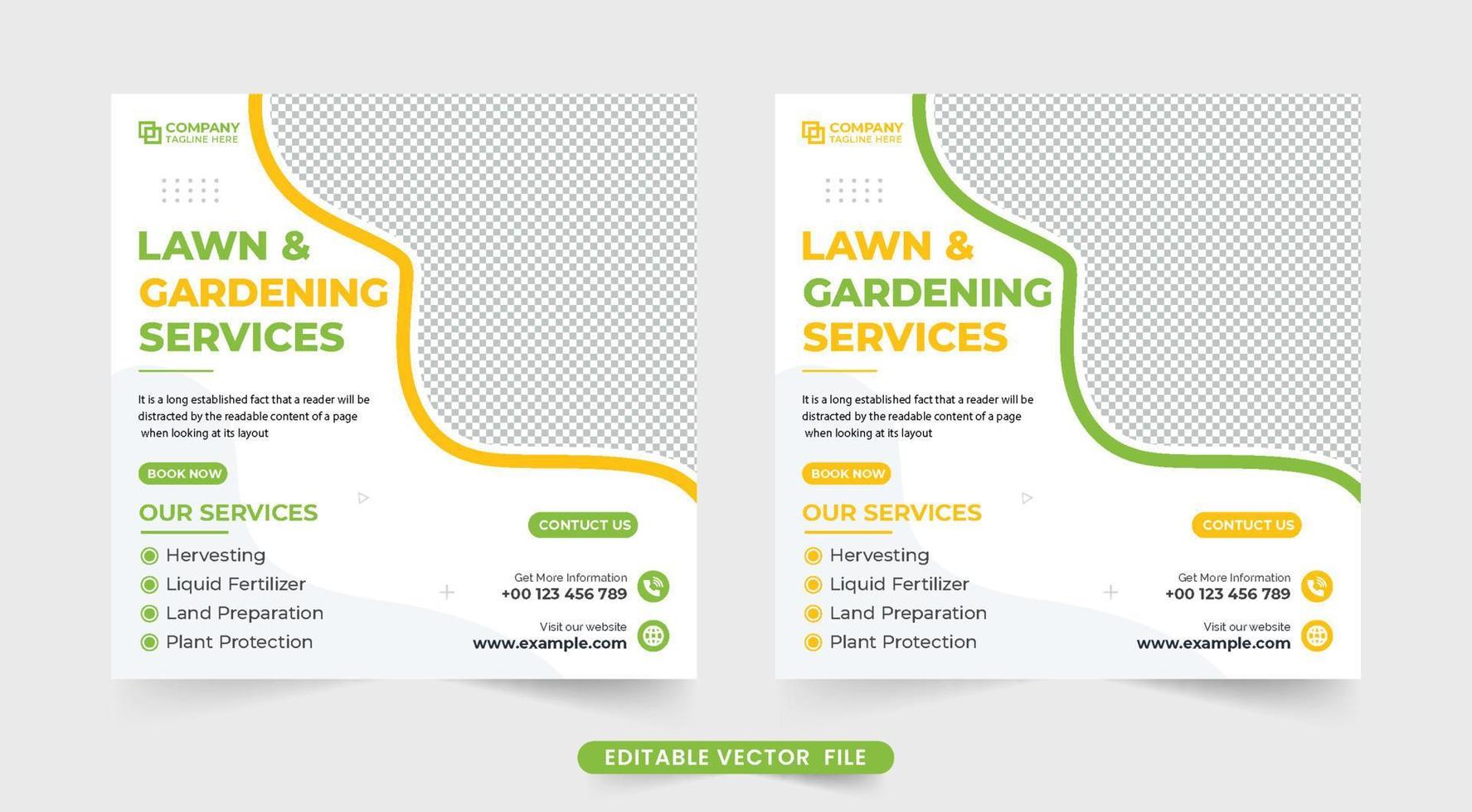 Lawn mower service social media template design for business promotion. Gardening and landscaping service web banner vector with abstract shapes. Agro and farming business advertisement template.