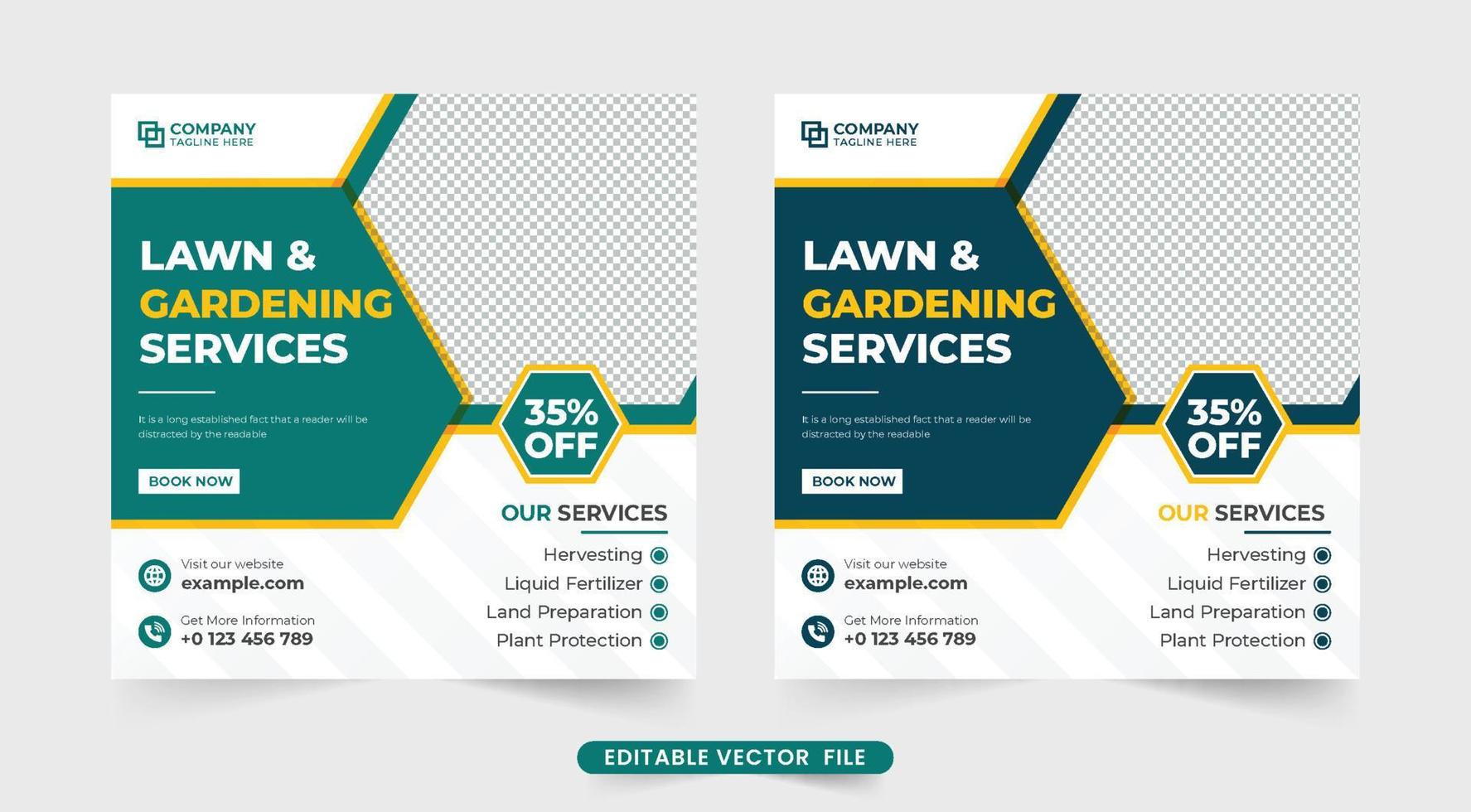 Farming and landscaping service web banner with discount offer section. Agro farm industry social media post design with blue and green colors. Gardening service advertisement template. vector