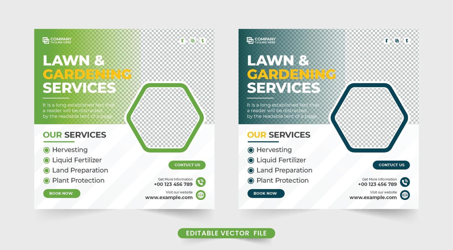 Lawn and gardening social media post vector for marketing. Landscaping and farm management service web banner with green and blue colors. Agro farming service social media template design.