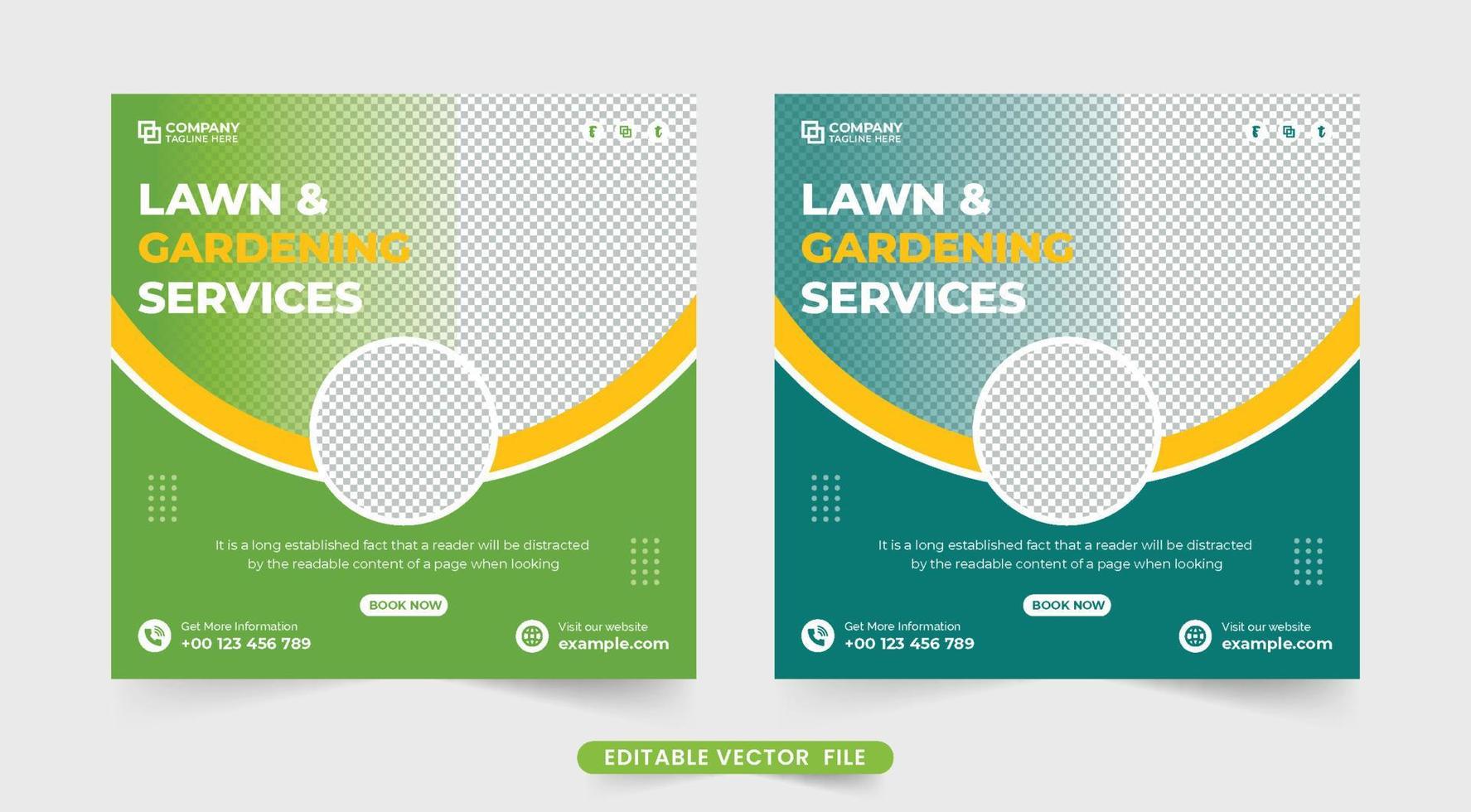 vector de publicación de redes sociales del servicio de administración de granjas. Diseño de banners web de negocios agrícolas y de paisajismo con colores amarillo y verde. vector de plantilla de anuncio de servicio de cosecha y jardinería.