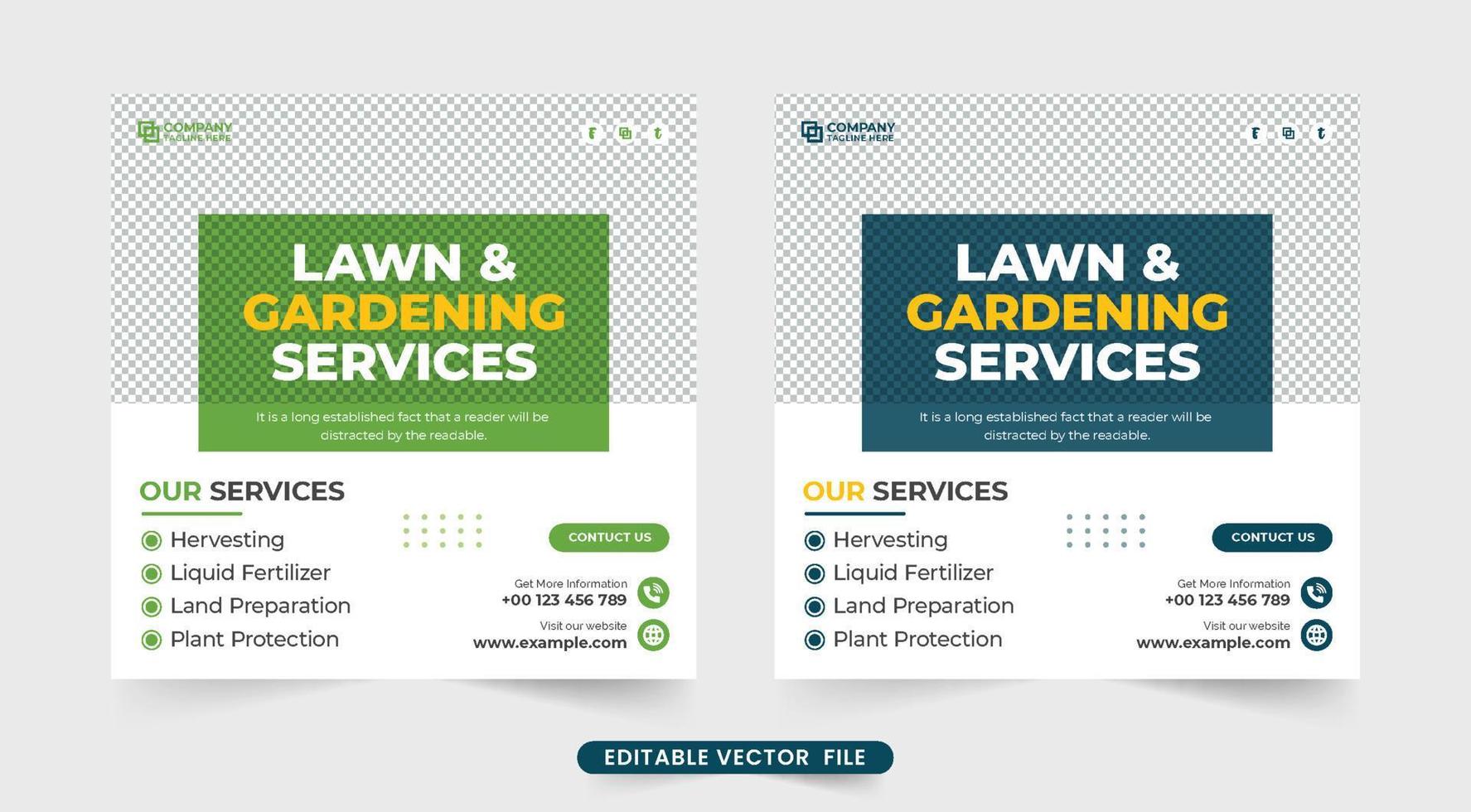 Simple lawn mower business promotion social media post vector. Lawn care and landscaping service advertising web banner design. Gardening service template for social media with blue and green colors. vector