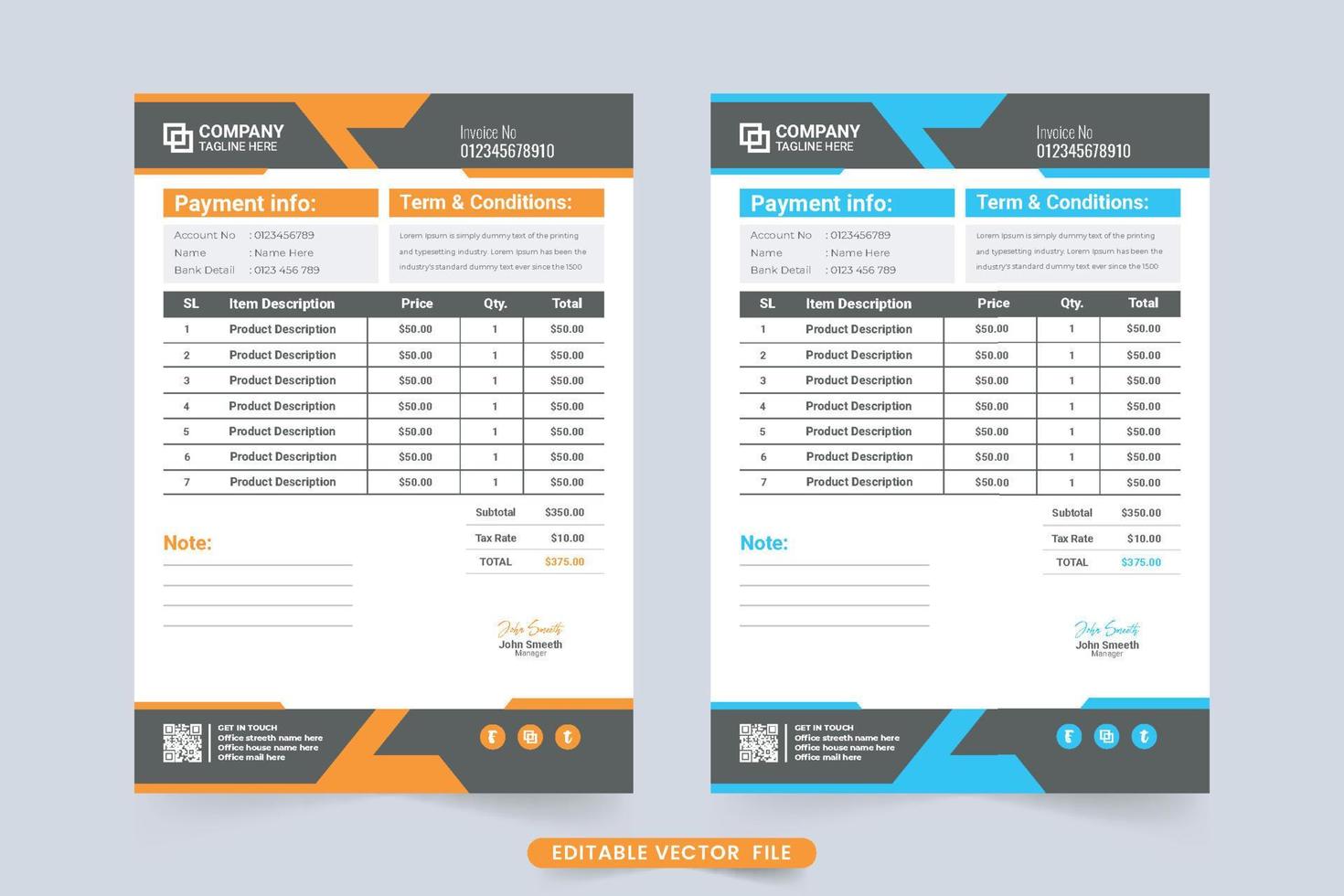 Professional business invoice design with abstract modern shapes. Corporate company purchase receipt and billing template vector with blue and orange colors. Print-ready minimal invoice design.