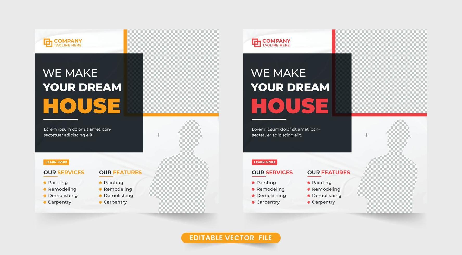 Home-making business social media post design with red and yellow colors. House construction service template design for online marketing. Construction business promotional web banner. vector