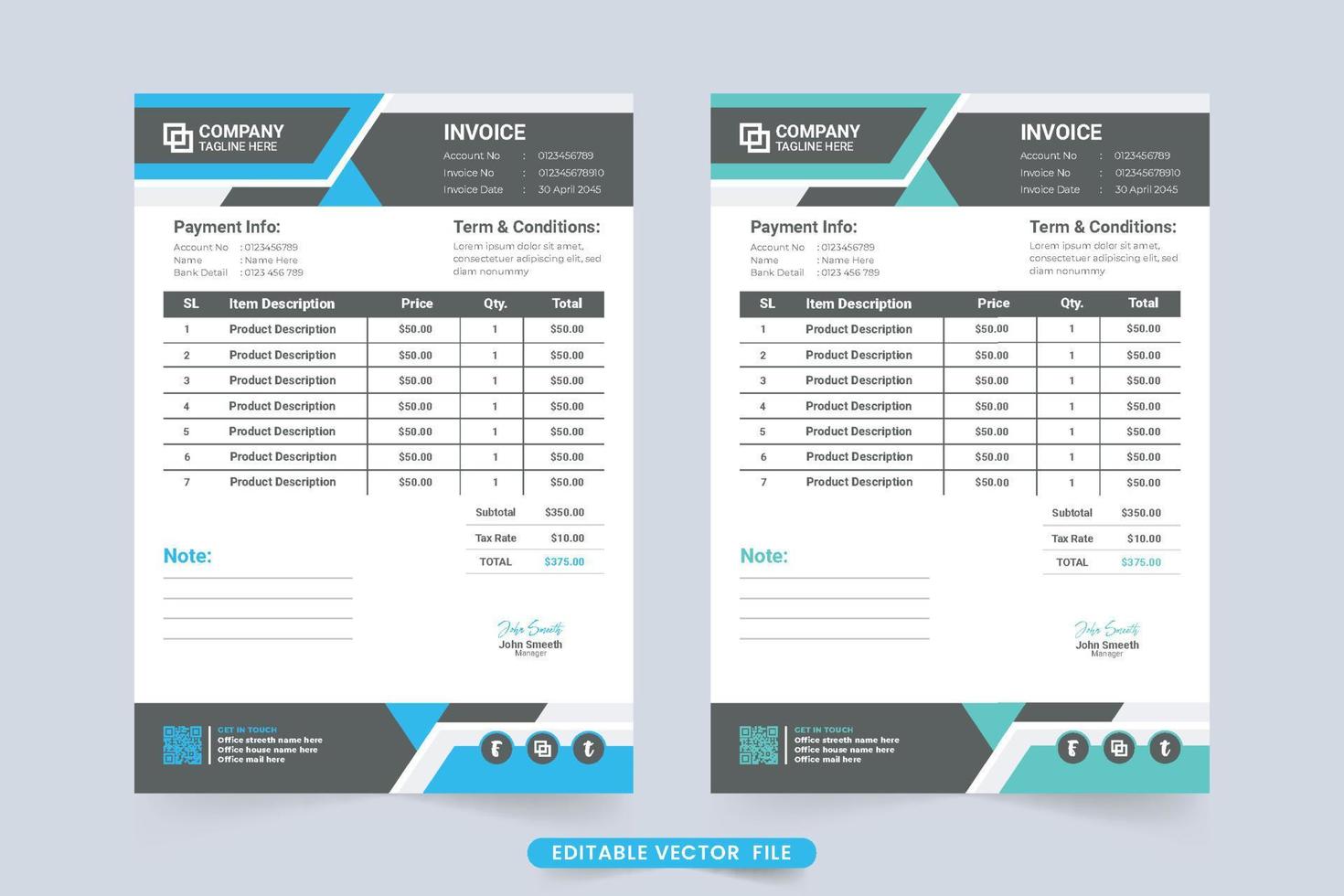 Modern business invoice and price receipt template vector. Company product purchase and cash receipt design with blue and green colors. Creative corporate business invoice and payment agreement paper. vector