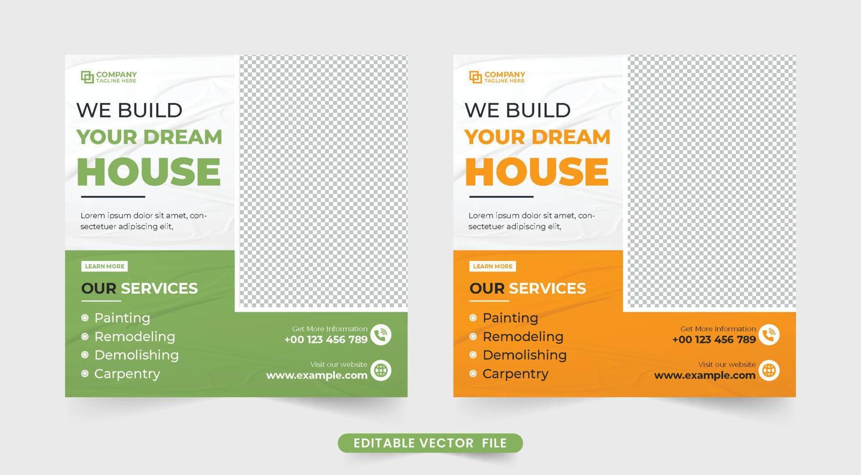 diseño moderno de afiches publicitarios de negocios de fabricación de casas con colores verde y amarillo. vector de publicación de redes sociales de negocios de servicios inmobiliarios y construcción. plantilla de servicio de reparación de viviendas.