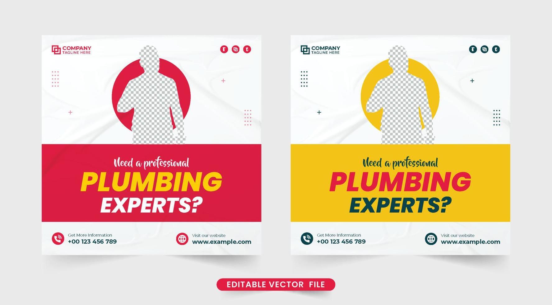 Modern plumbing business social media post vector with red and yellow colors. Home maintenance and plumber business promotional web banner vector with a photo placeholder. Handyman hiring template.