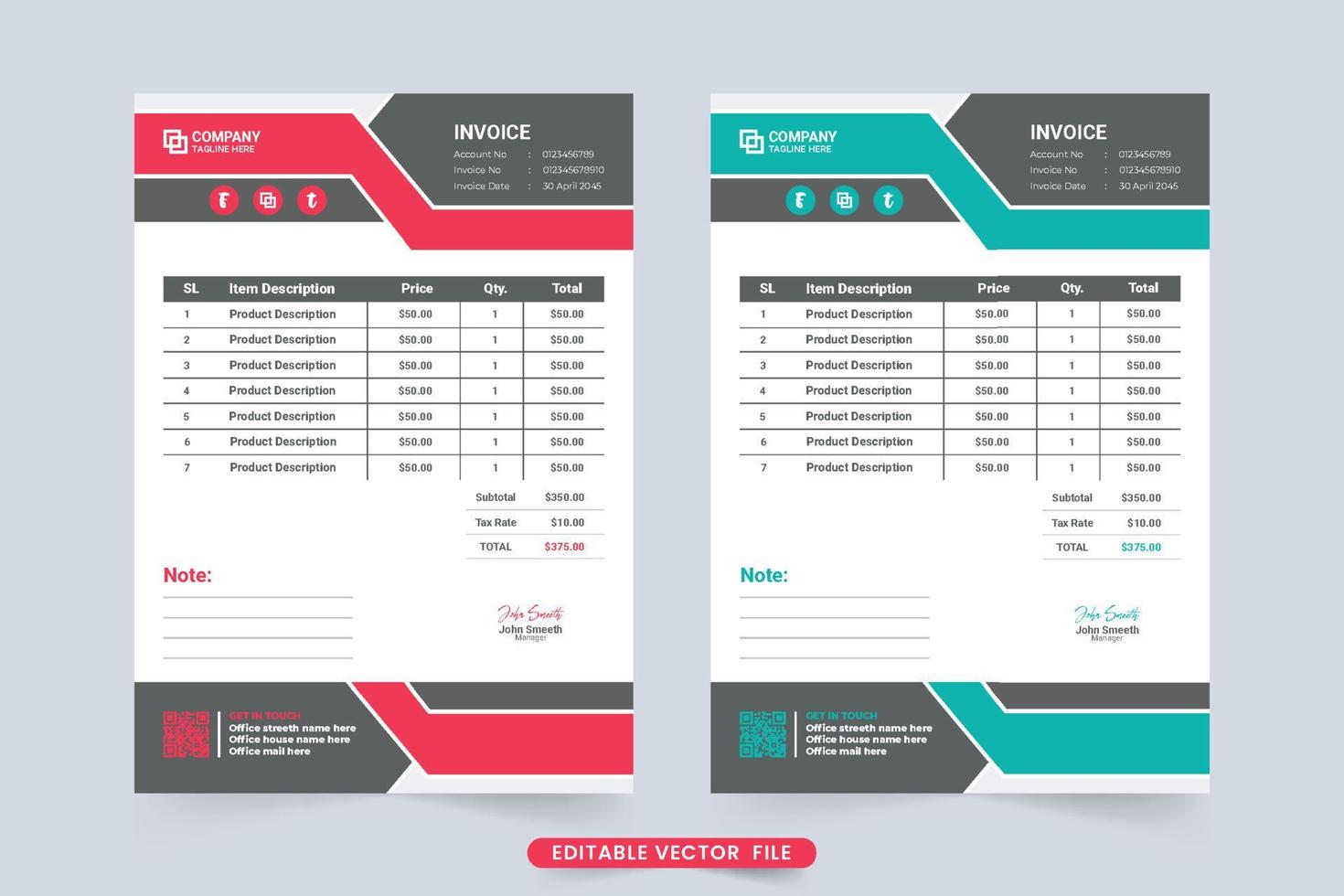 Company invoice and payment agreement paper design with red and blue colors. Product buy and sell receipt with cash invoice and price sections. Professional business invoice template vector. vector