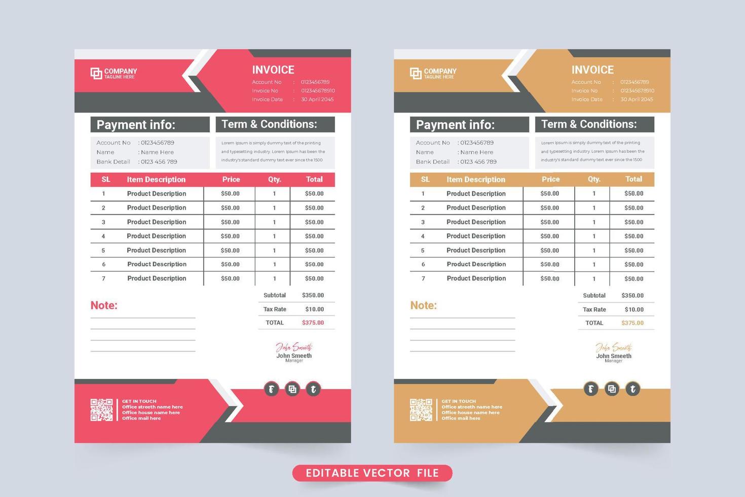 factura de compra de producto creativo y vector de decoración de recibo de efectivo. diseño de factura minimalista con colores naranja y rojo oxidado. recibo de pago comercial moderno y papel de facturación con formas abstractas