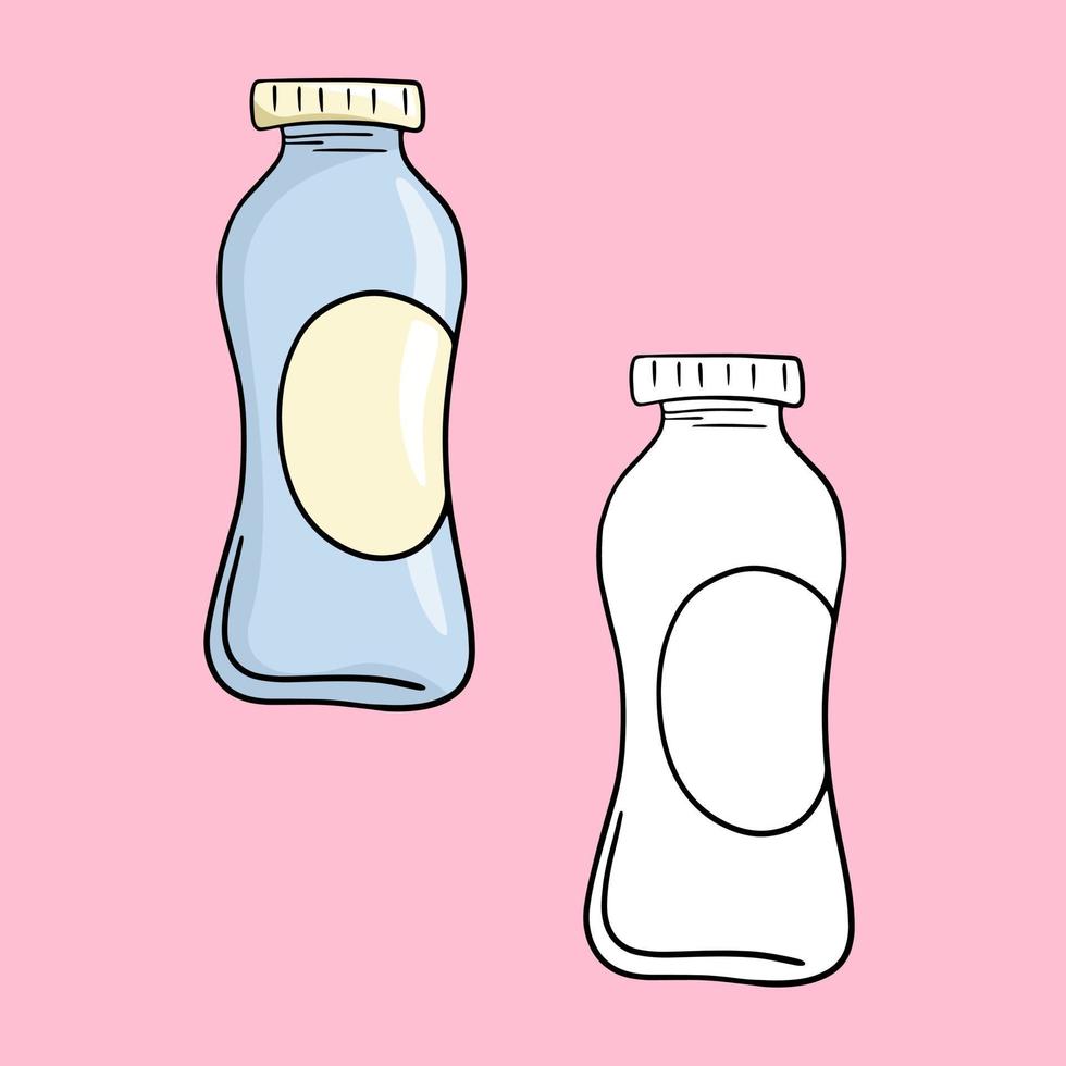 A set of illustrations, a small plastic bottle for milk, yogurt, a copy space, a vector illustration in cartoon style on a colored background