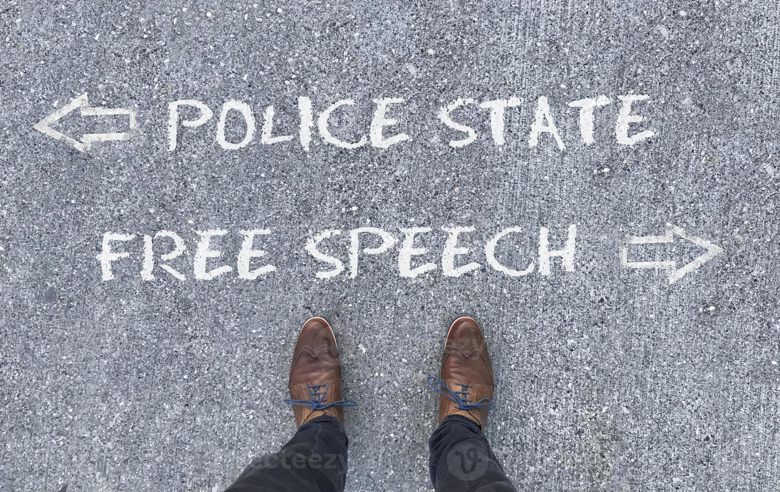 Top view on a man standing in front of the words Police State and Democracy with arrows pointing to the left and right side of the picture photo