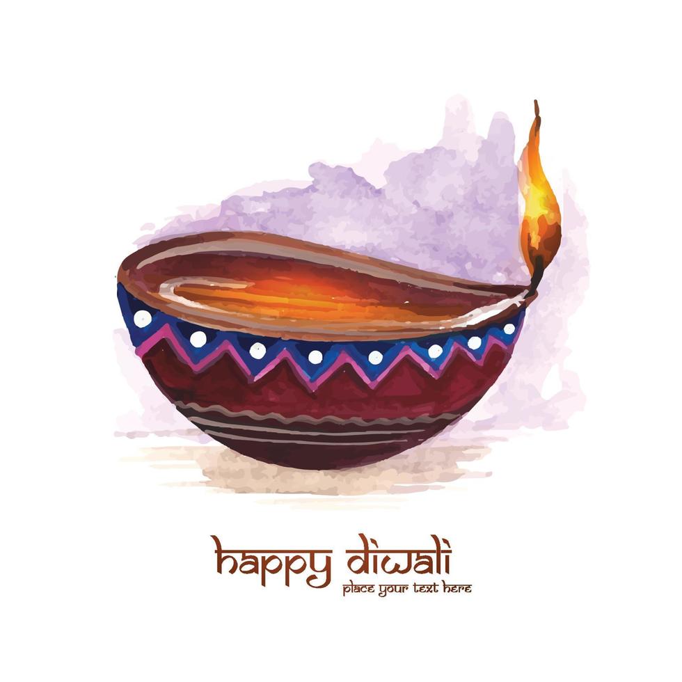 ilustración de diya ardiente de acuarela en el fondo de la tarjeta navideña feliz diwali vector