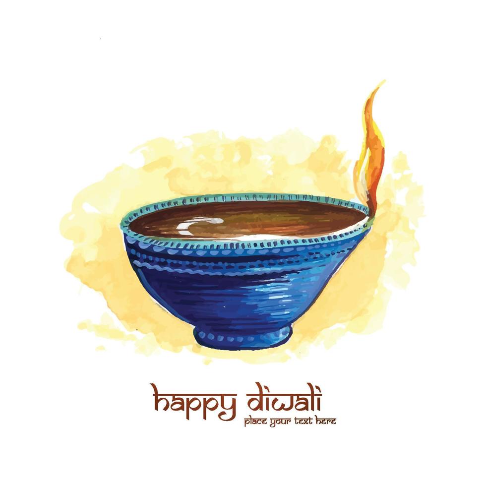 Illustration of watercolor burning diya on happy diwali holiday card background vector