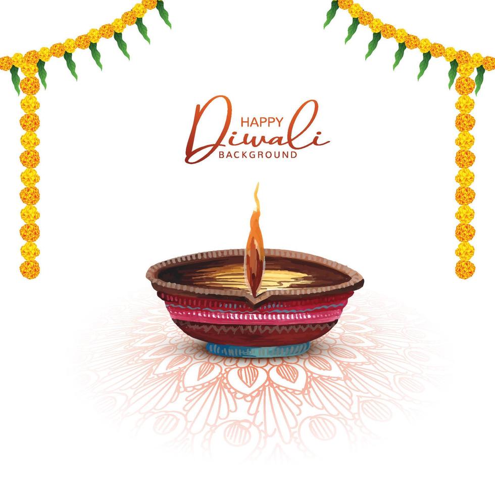 Illustration of watercolor burning diya on happy diwali celebration background vector