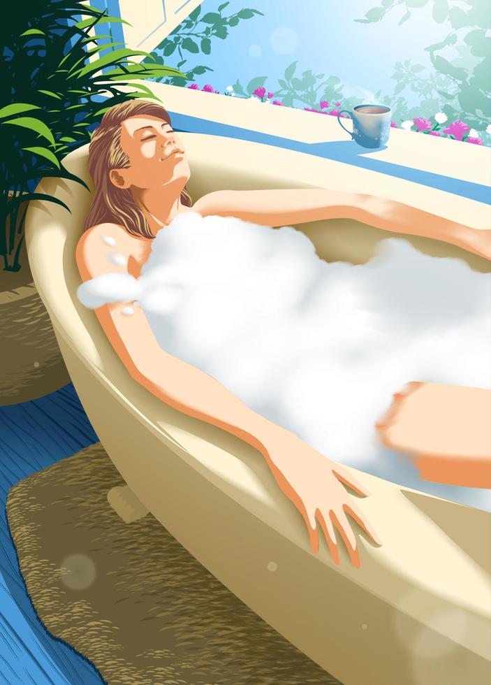 a beautiful woman enjoying her bath time in a bathtub right next to the window vector