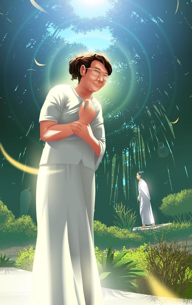 a female practitioner is practicing walking meditation and gets overwhelmed with tears caused by enlightenment in Anagami vector