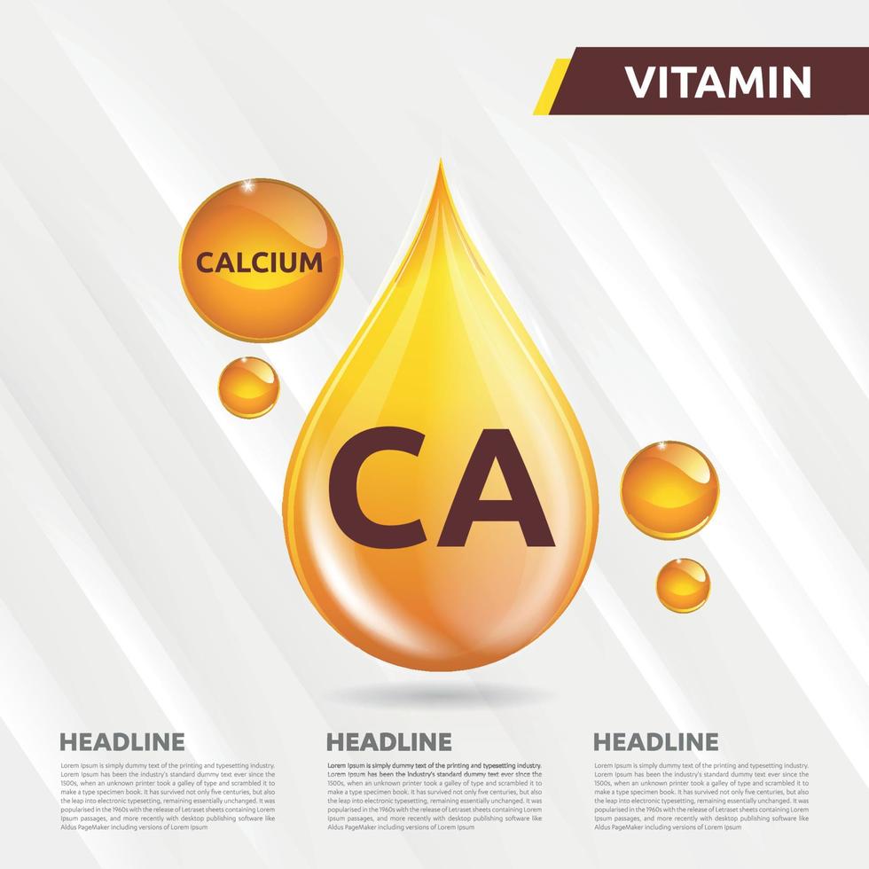 CA Calcium vitamin icon Logo Golden Drop, Complex drop. Medical background heath Vector illustration