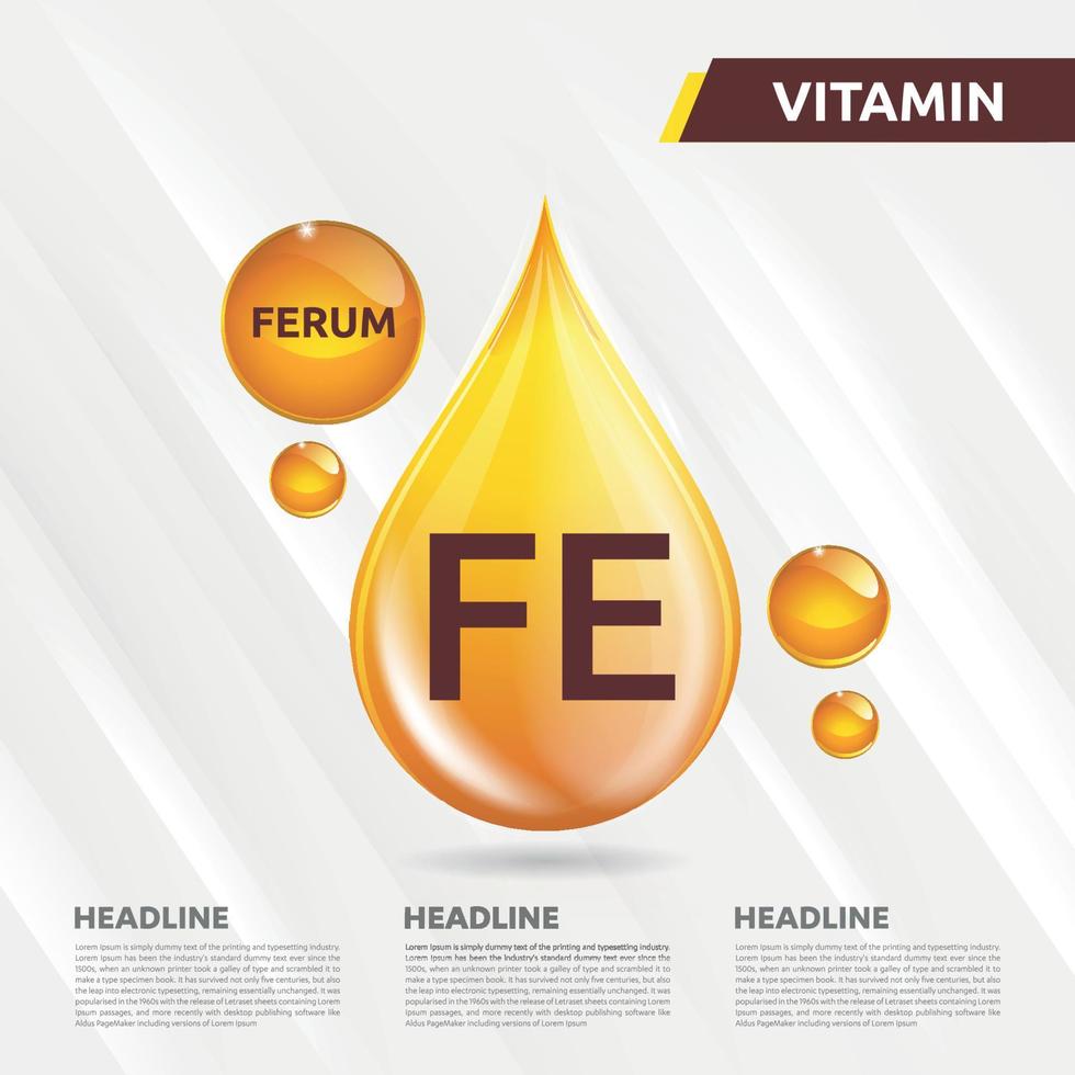 fe ferum calcio icono logotipo gota dorada, gota compleja. ilustración de vector de salud de antecedentes médicos