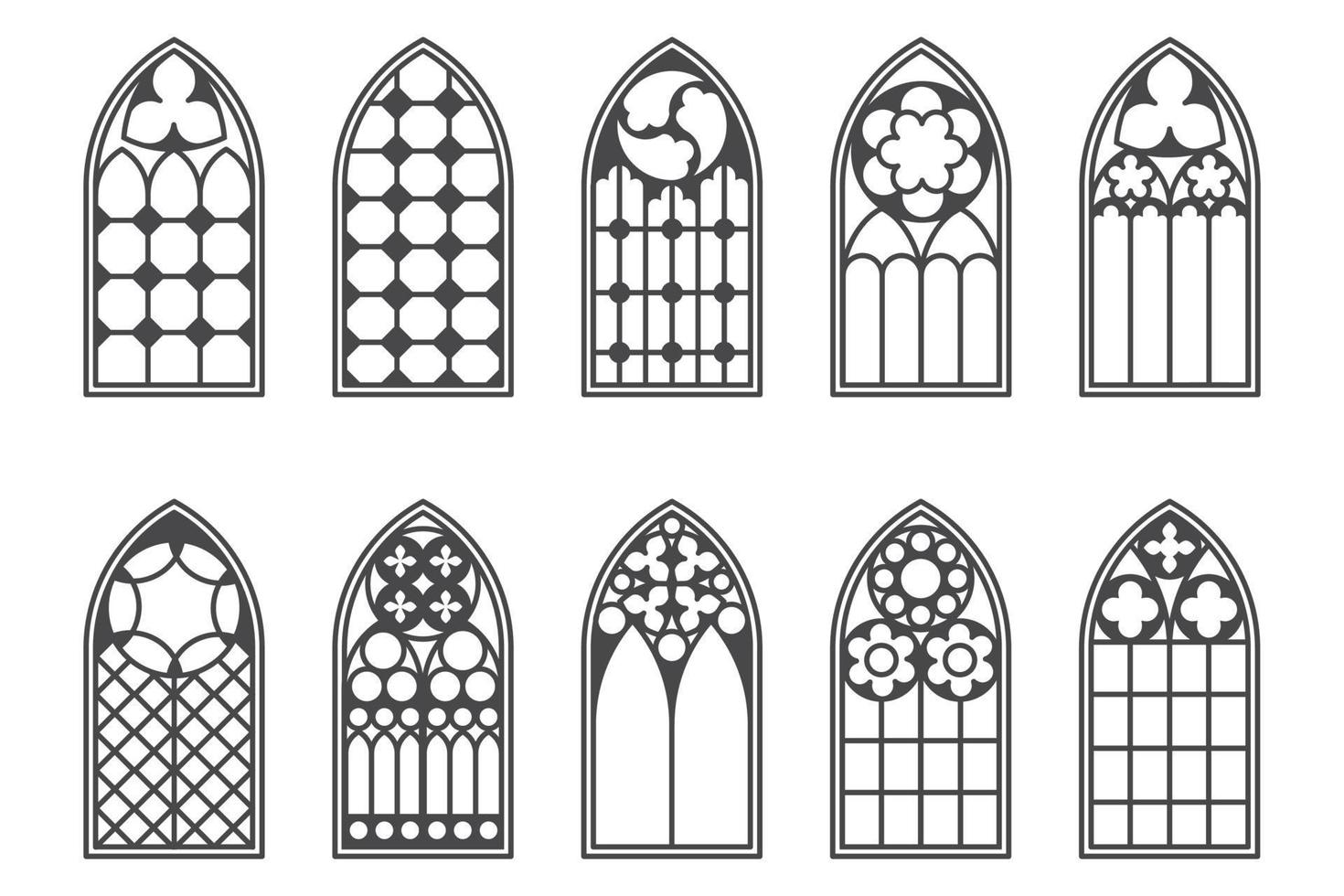 conjunto de ventanas medievales de la iglesia. elementos de arquitectura de estilo gótico antiguo. ilustración de contorno vectorial sobre fondo blanco. vector