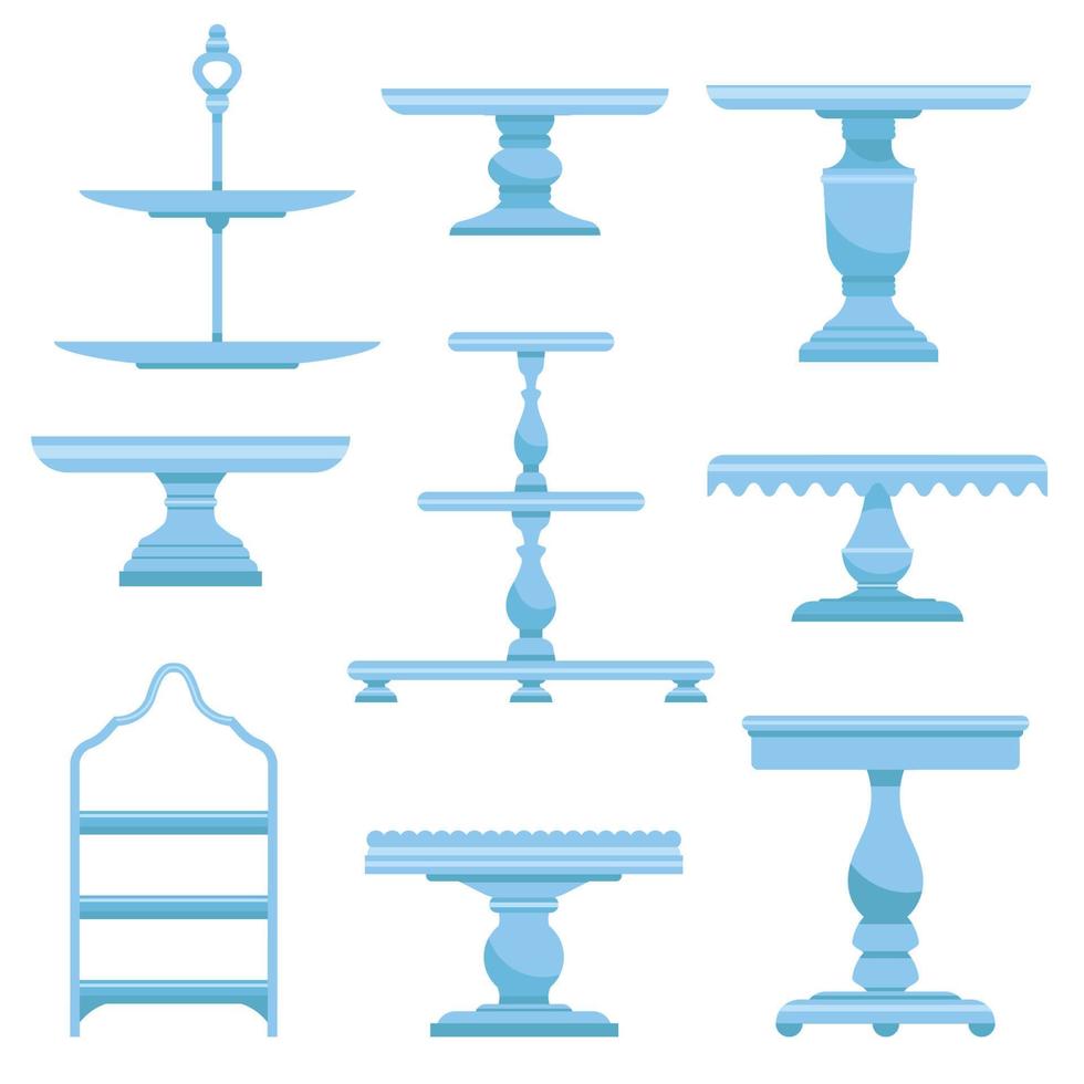 Set of cake stands in flat icon style. Empty tray for fruit and desserts. Vector illustration