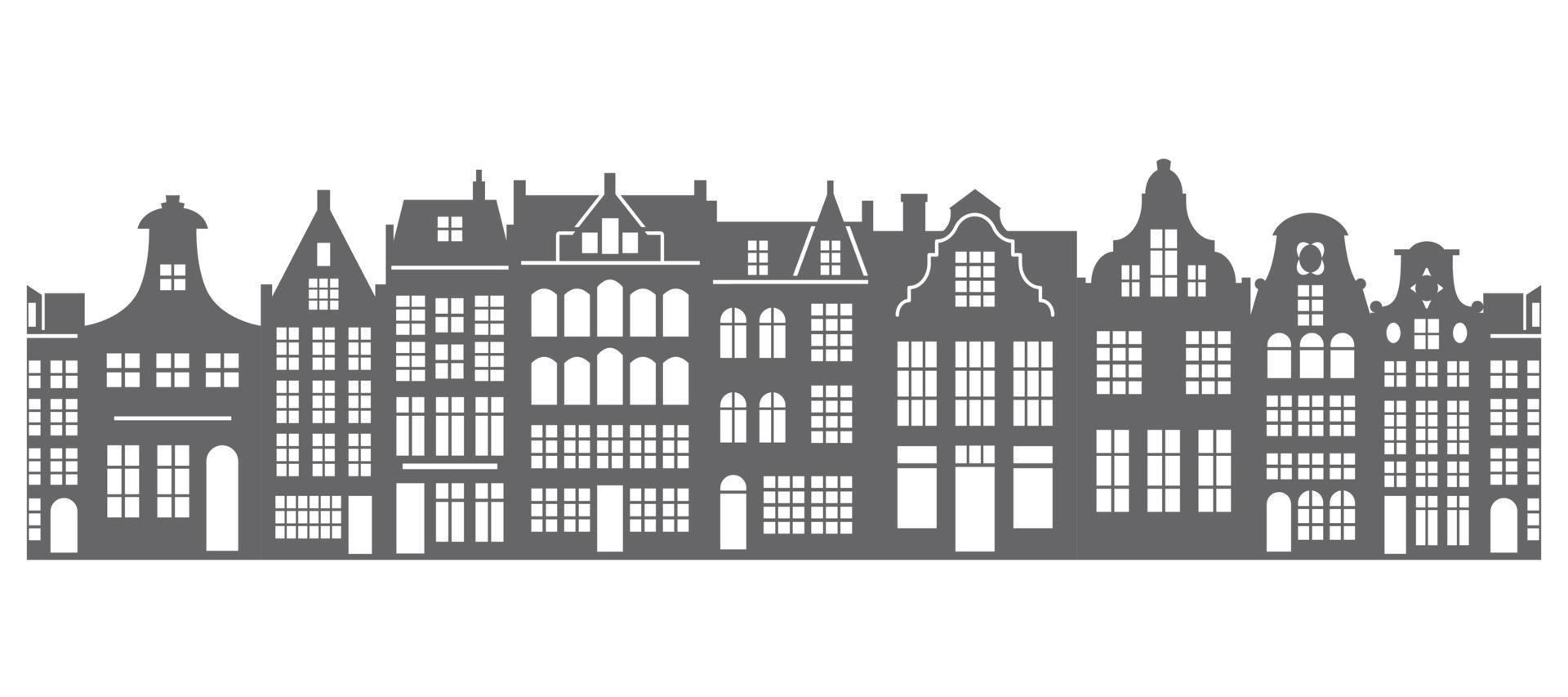 casas europeas borde sin costuras. patrón de fila de edificios de amsterdam. silueta de la calle de la ciudad. paisaje de arquitectura vintage. panorama vectorial. vector