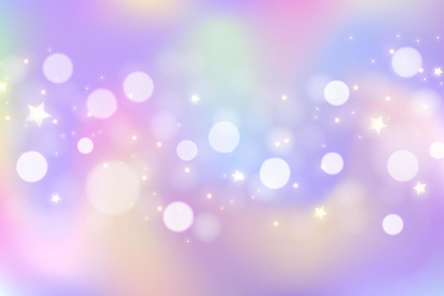 Rainbow unicorn background. Pastel gradient color sky with glitter and bokeh. Magic galaxy space and stars. Vector abstract pattern.
