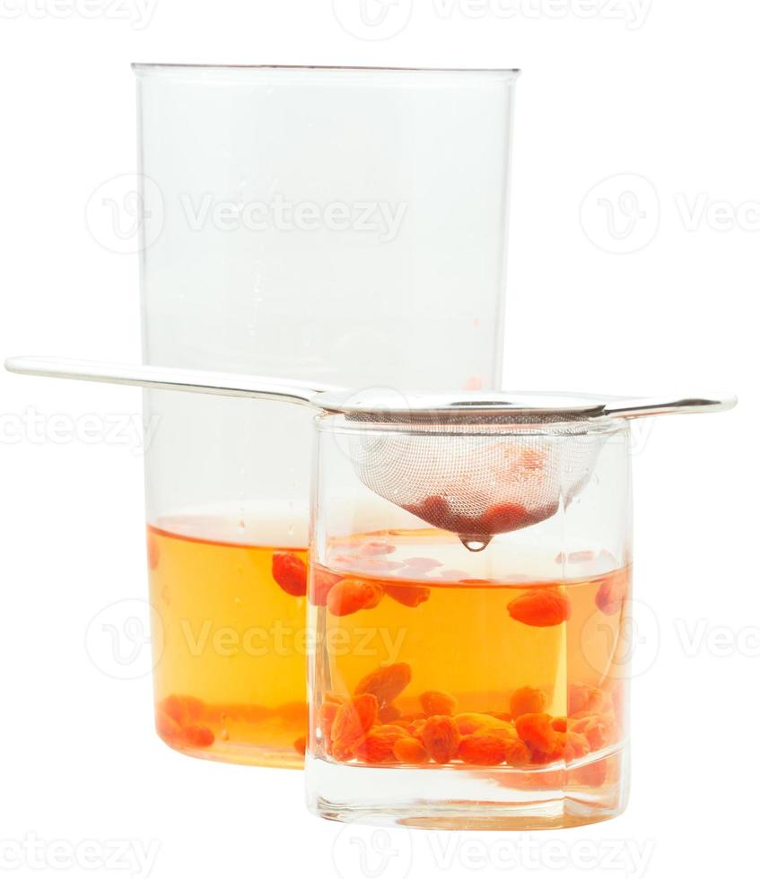 side view of pot and glass goji berries infusion photo