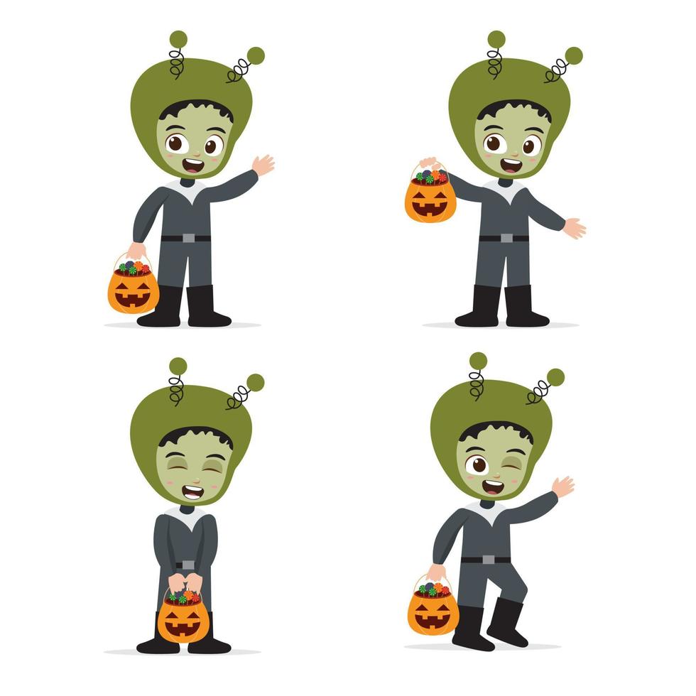 Cute Kid Wearing Alien Costume for Halloween Vector Illustration