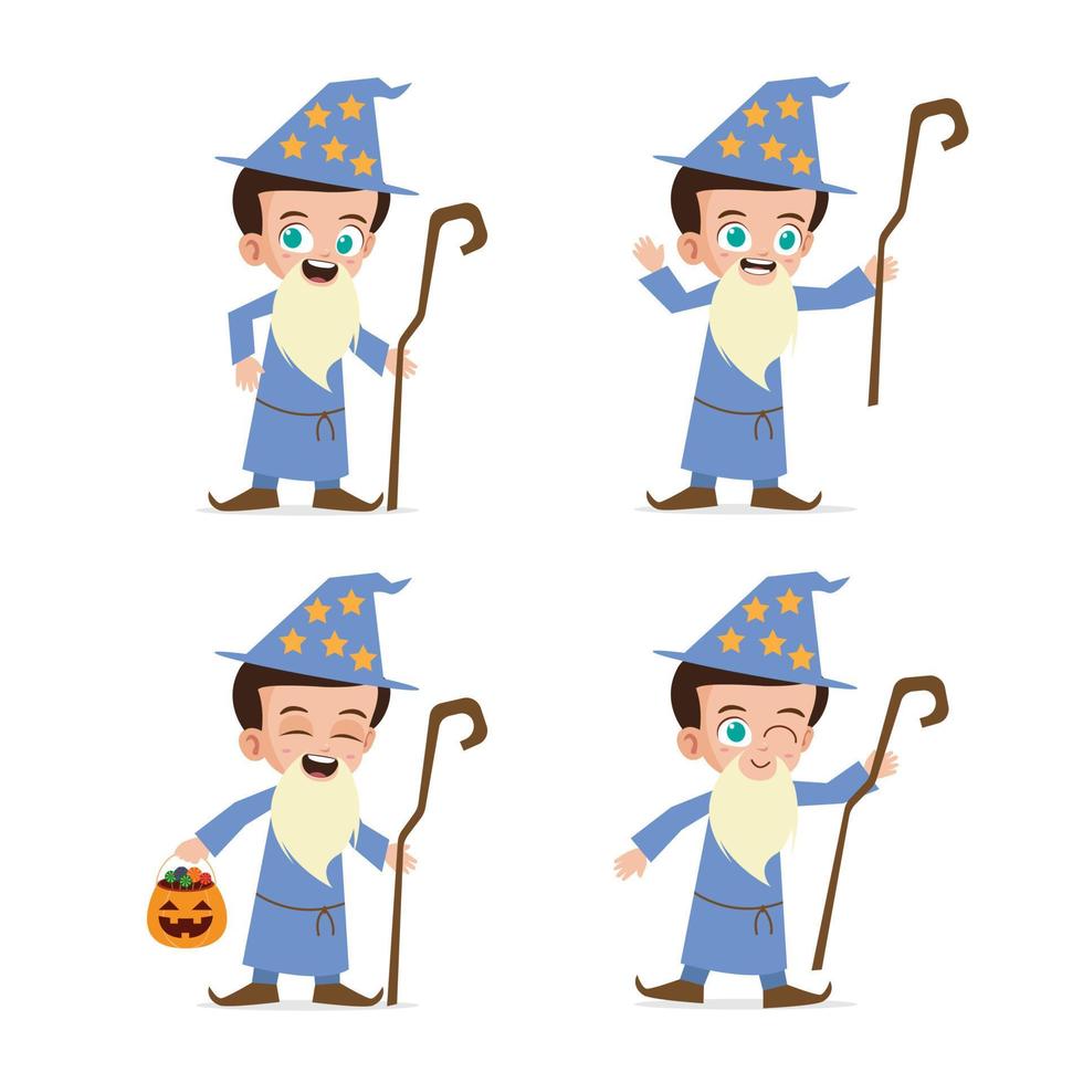 niño lindo con traje de mago para la ilustración de vector de halloween