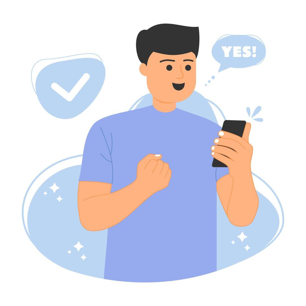 Happy man looking at cellphone vector