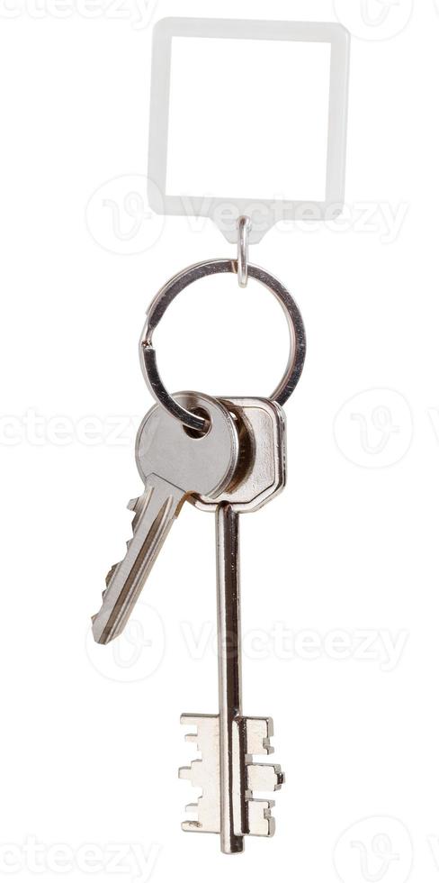 two door keys and square keychain on ring photo