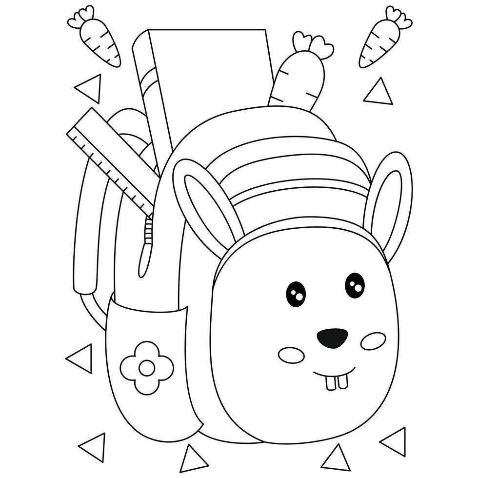 Rabbit bunny school bag backpacks with supplies in open pockets and carrots coloring pages for kids vector