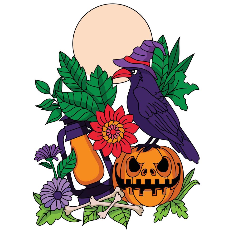 Crow wearing witch hat standing on pumpkin Hurricane lamp creepy Halloween coloring illustration vector