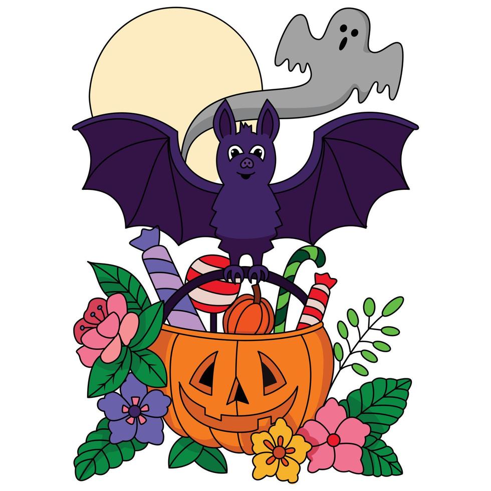 Bat taking trick or treat pumpkin bag that has candy with Boo ghost flowers decorations coloring art vector