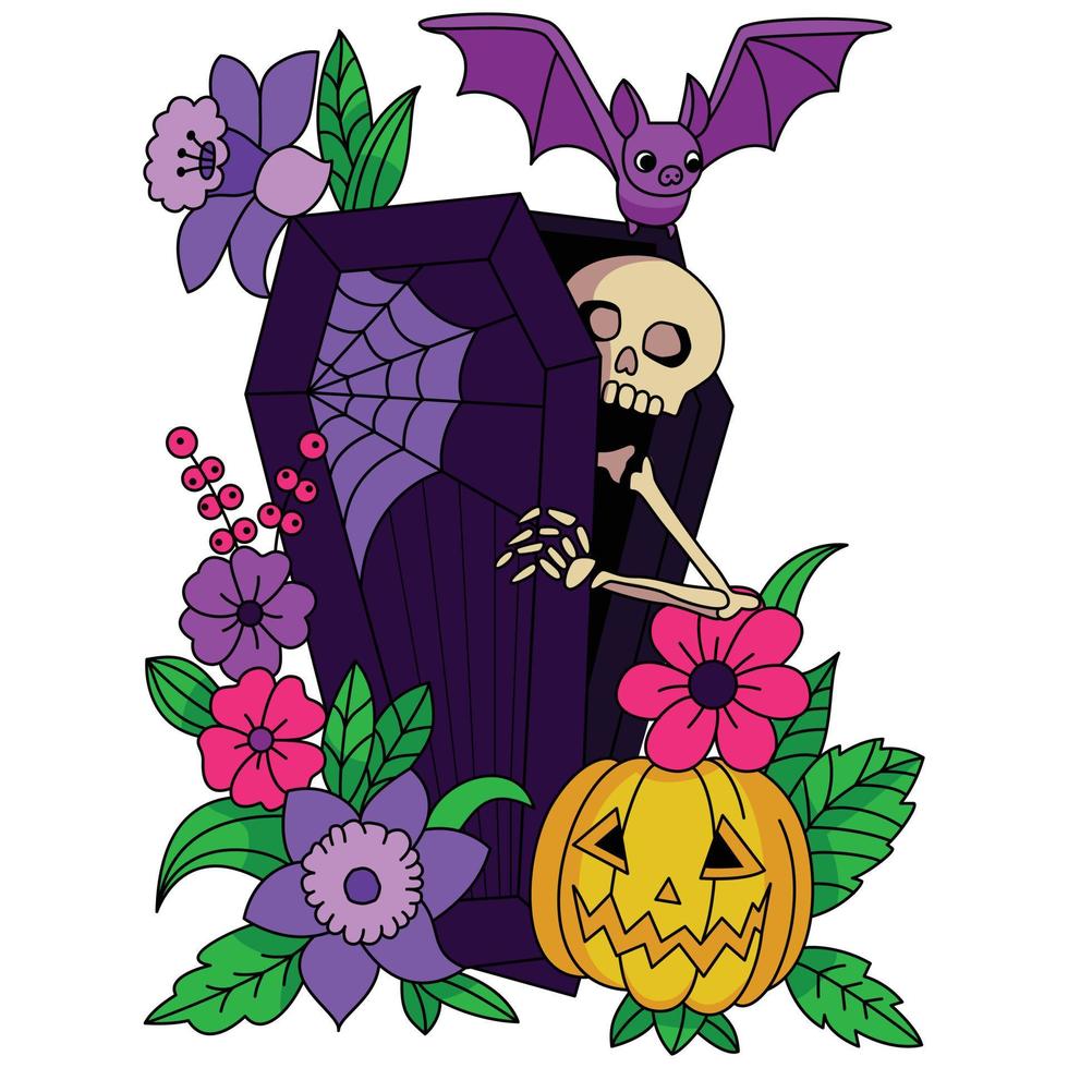 Creepy skeleton in the coffin with bat and pumpkin flowers decoration Halloween coloring pages art vector