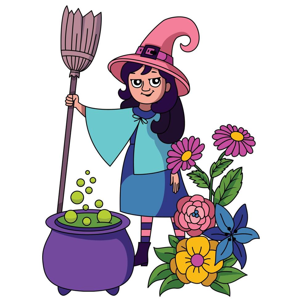 bruja poción pot halloween página para colorear con hermosas flores ilustraciones ilustraciones vector