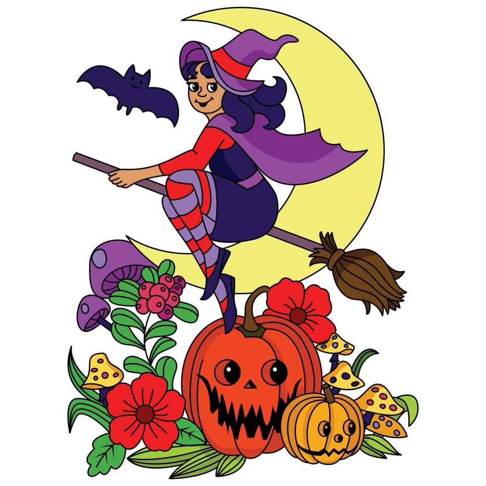 Witch flying on a broomstick on moonlight wizard lady with bat and flower pumpkin Halloween coloring vector