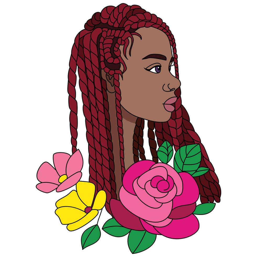 trenzas rojas mujer negra africana con algunas flores peinado de niña afro ilustración vectorial para colorear vector