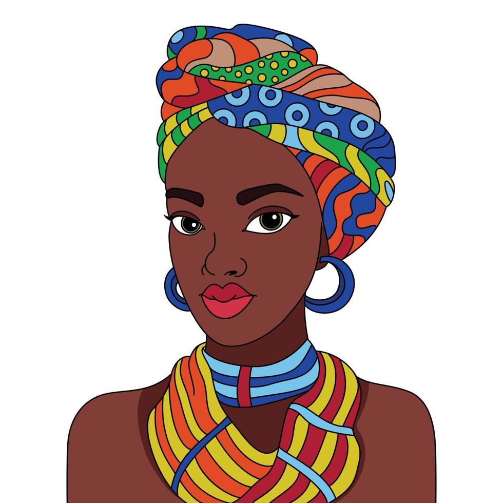 mujer negra africana turbante envoltura de cabeza bufanda pañuelo en la cabeza reina nubia vector ilustración para colorear