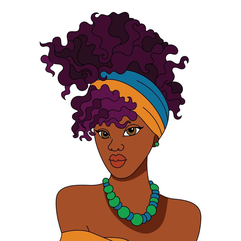 Beautiful African American woman turban head scarf afro girl hairstyle vector coloring illustration