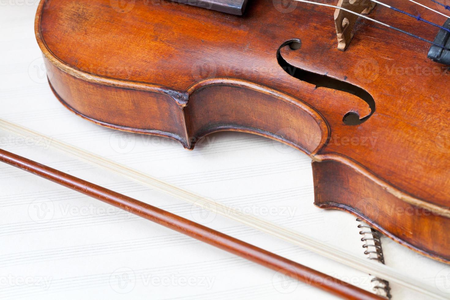 violin bout and bow on music book photo