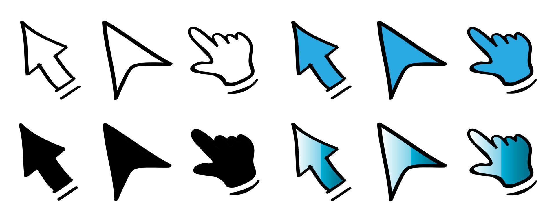 iconos de cursor de puntero dibujados a mano en estilo de fideos vector