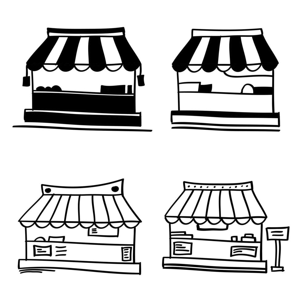 conjunto de icono de tienda dibujado a mano en estilo de fideos vector