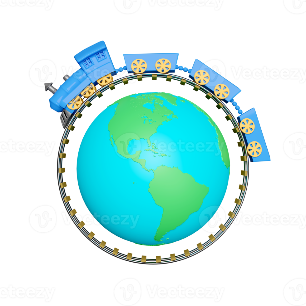 transporte de serviço viaja ao redor do mundo em uma locomotiva a vapor azul isolada. trem de turismo do globo, ilustração de renderização 3d png