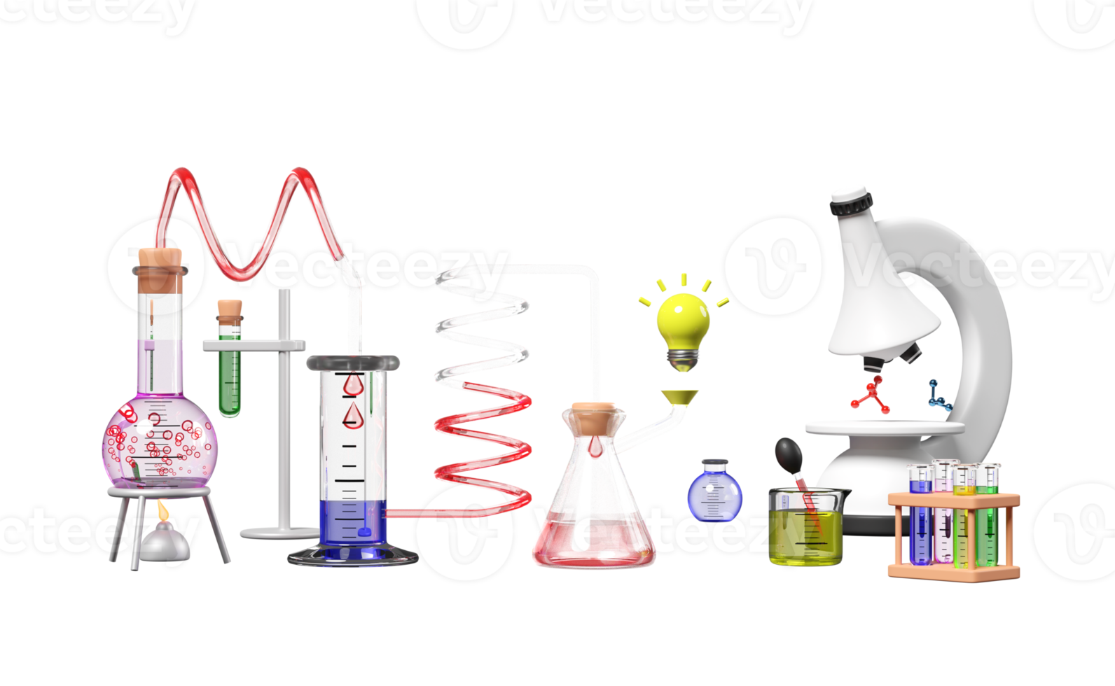 Kit de experimentos científicos 3d con lámpara de alcohol, vaso de precipitados, tubo de ensayo, microscopio, bombilla aislada. educación innovadora en línea en el aula, concepto de punta de idea, ilustración de presentación en 3d png