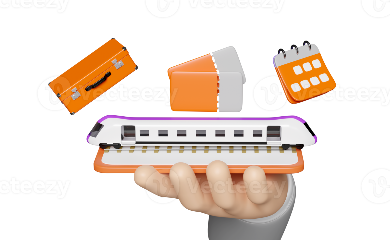 3D mão segurando o smartphone com calendário, mala, brinquedo de transporte de trem do céu, data marcada isolada. agendar compromisso, trem de viagem de verão, itinerário, ilustração de renderização 3d png
