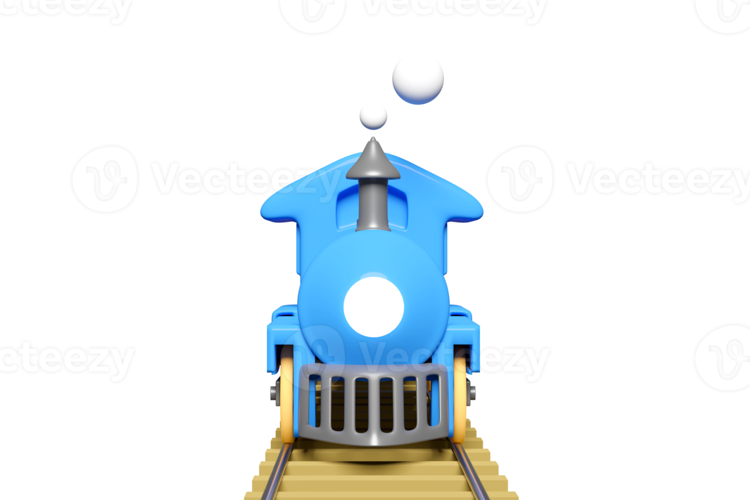3d locomotive with railroad tracks, steam train transport toy, summer travel service, planning traveler tourism train isolated. front view, 3d render illustration png